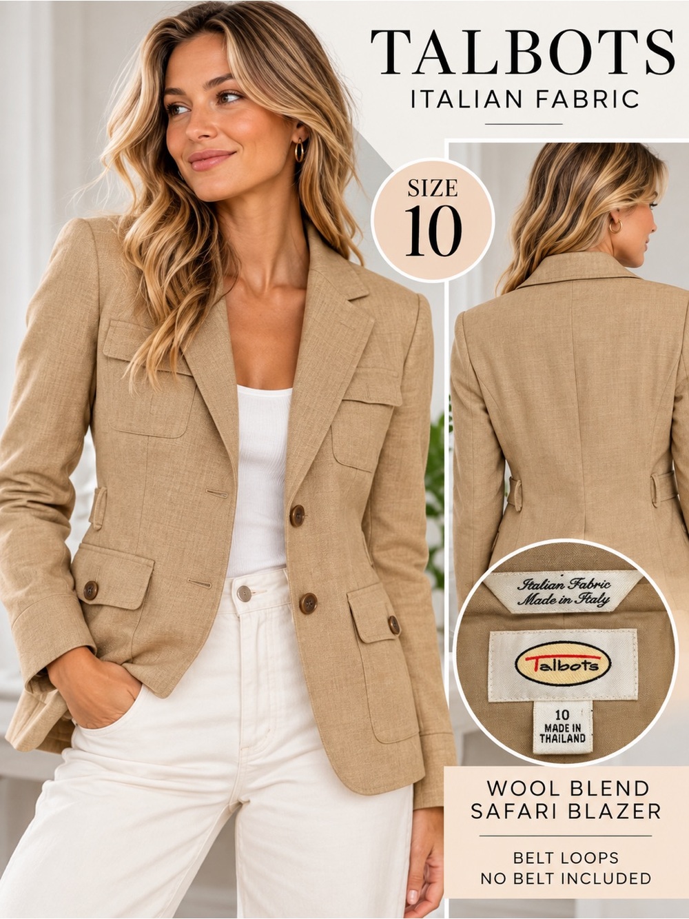 Talbots Italian Fabric Wool Blend Safari Blazer Size 10 Tan Utility Jacket